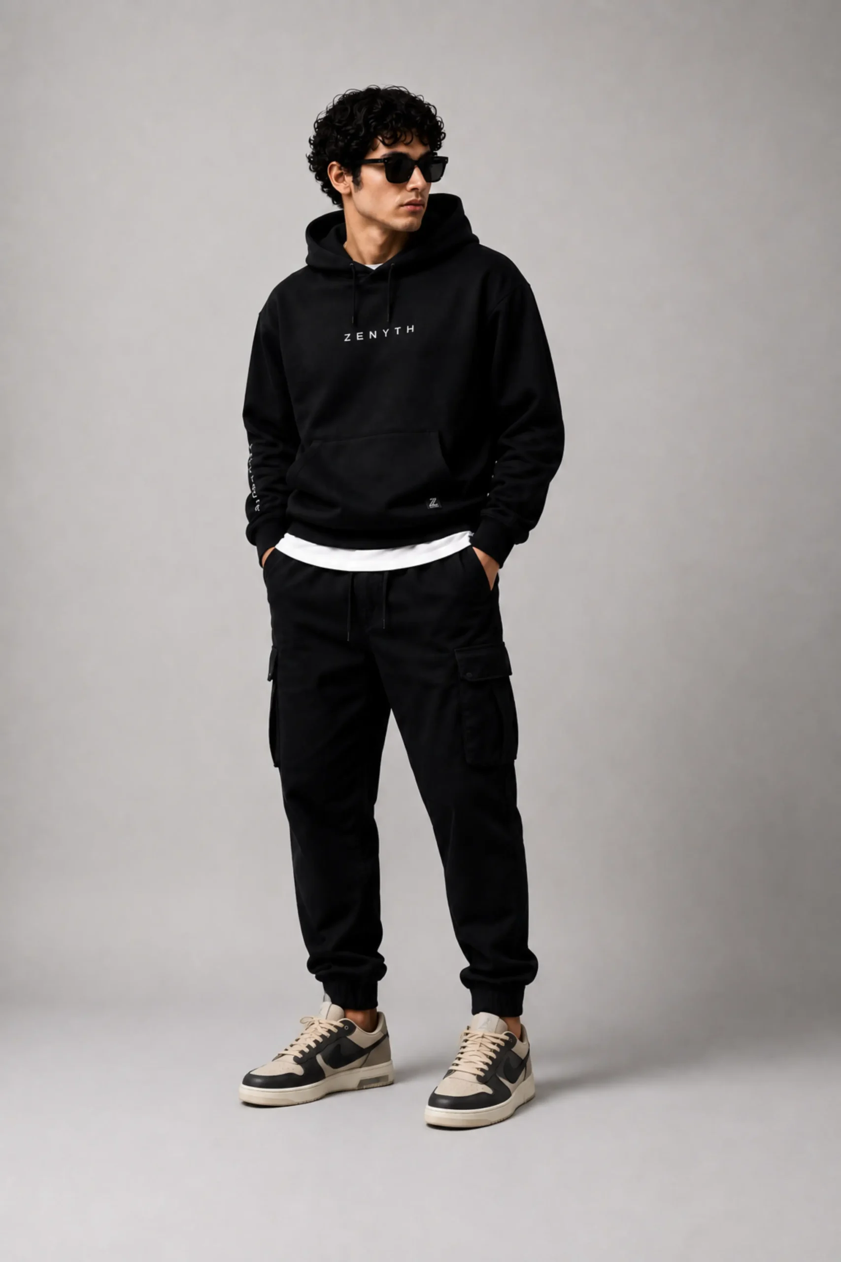 Zenyth Urban Essential Look - black hoodie, black pants and sneakers